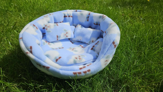 Blue Sheep Fleece Cuddle Bowls for Rabbits with Two Cushion Pillows and Pee Pad Cozy Comfy Snuggle Bed for Improved Sleep Machine Washable