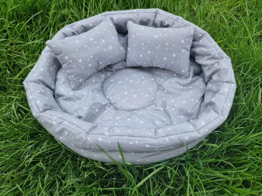 Gray White Stars Cuddle Bowls for Rabbits with Two Cushion Pillows and Pee Pad Cozy Comfy Snuggle Bed for Improved Sleep Machine Washable